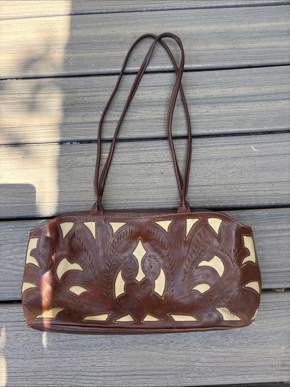 Leaders In Leather Brown Tooled Leather Shoulder Bag with Cream Inlay Detailing